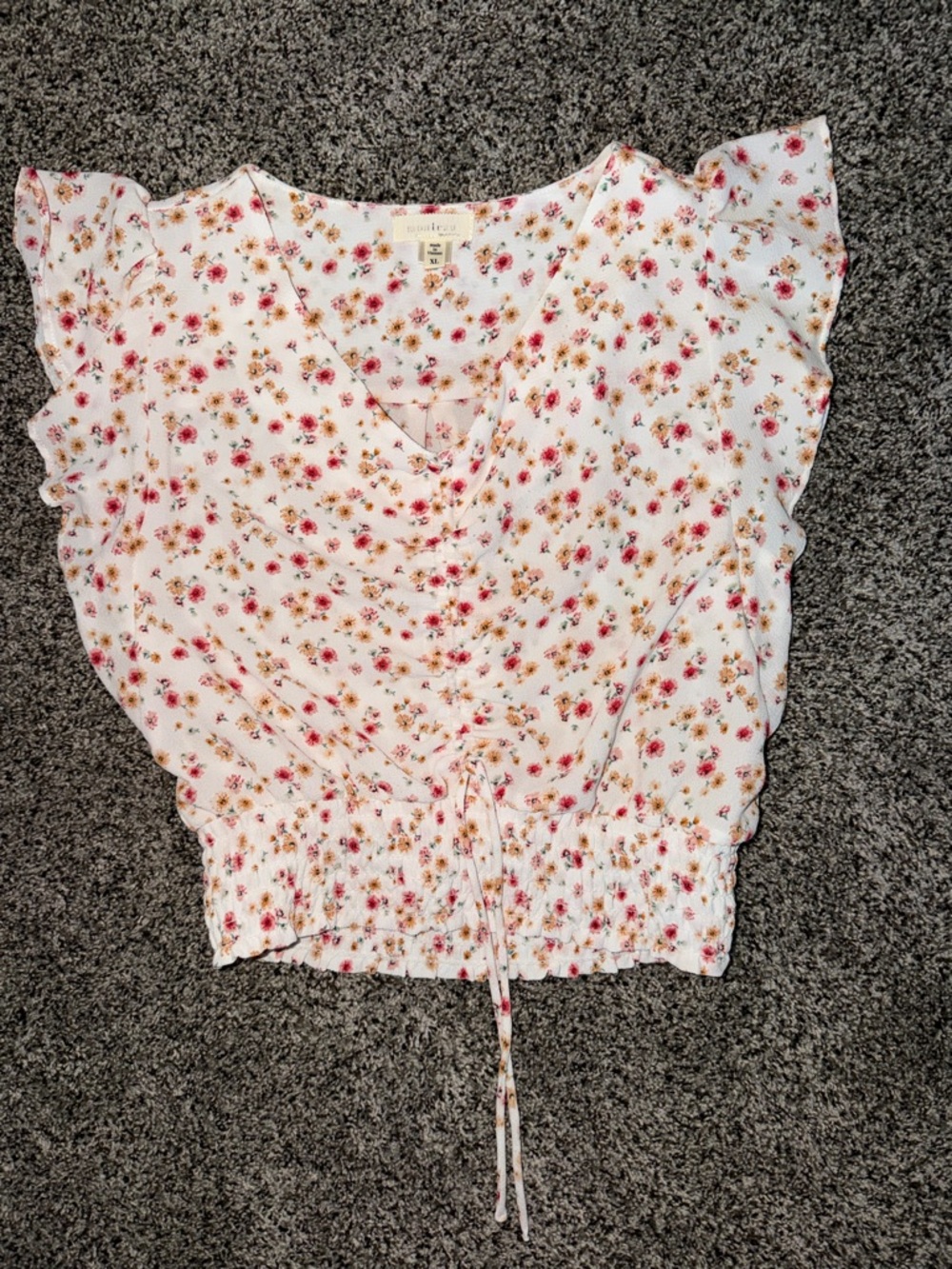 Monteau White Floral Drawstring V-Neck Blouse